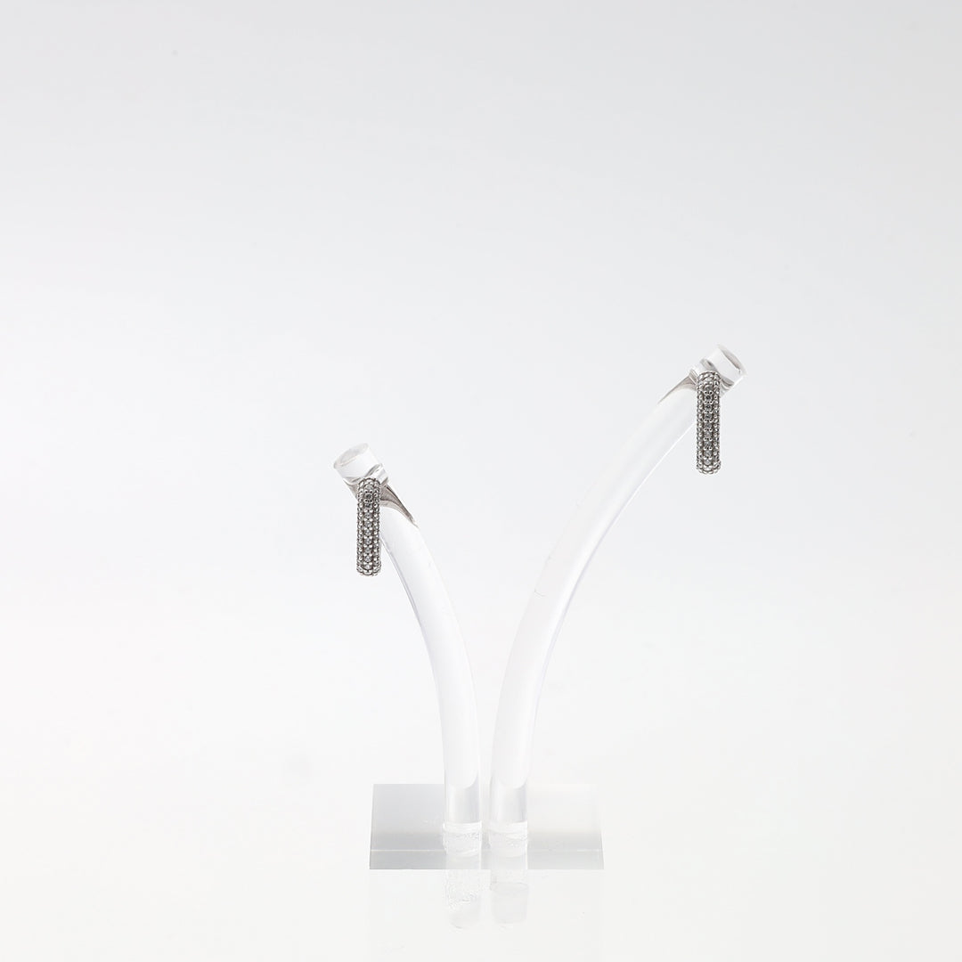 Sterling silver bar drop earrings with small clear stones on display stand, minimalist Ukrainian Jewelry, silver dangle earrings.