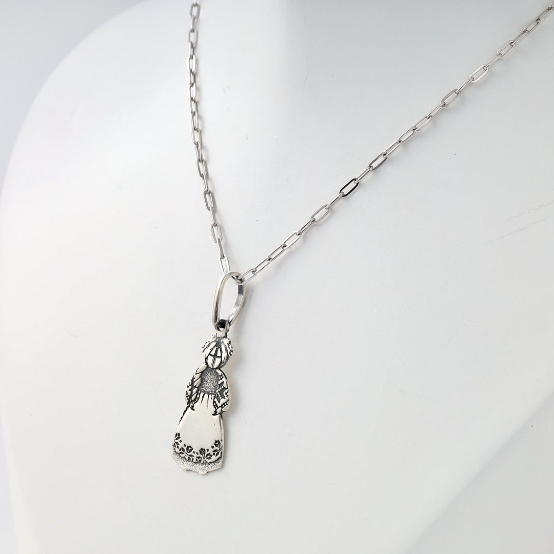 Sterling silver girl pendant necklace with folk dress motif on chain, Ukrainian Jewelry, ethnic silver pendant, gift for women.