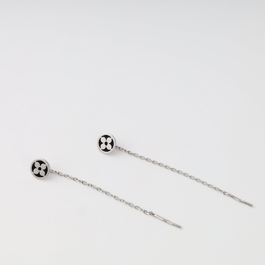 Sterling silver threader earrings with black enamel circle flower studs, minimalist drop dangle Ukrainian Jewelry for women.