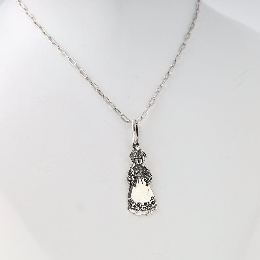 Sterling silver girl pendant necklace with folk dress charm, Ukrainian Jewelry, ideal silver charm necklace gift.