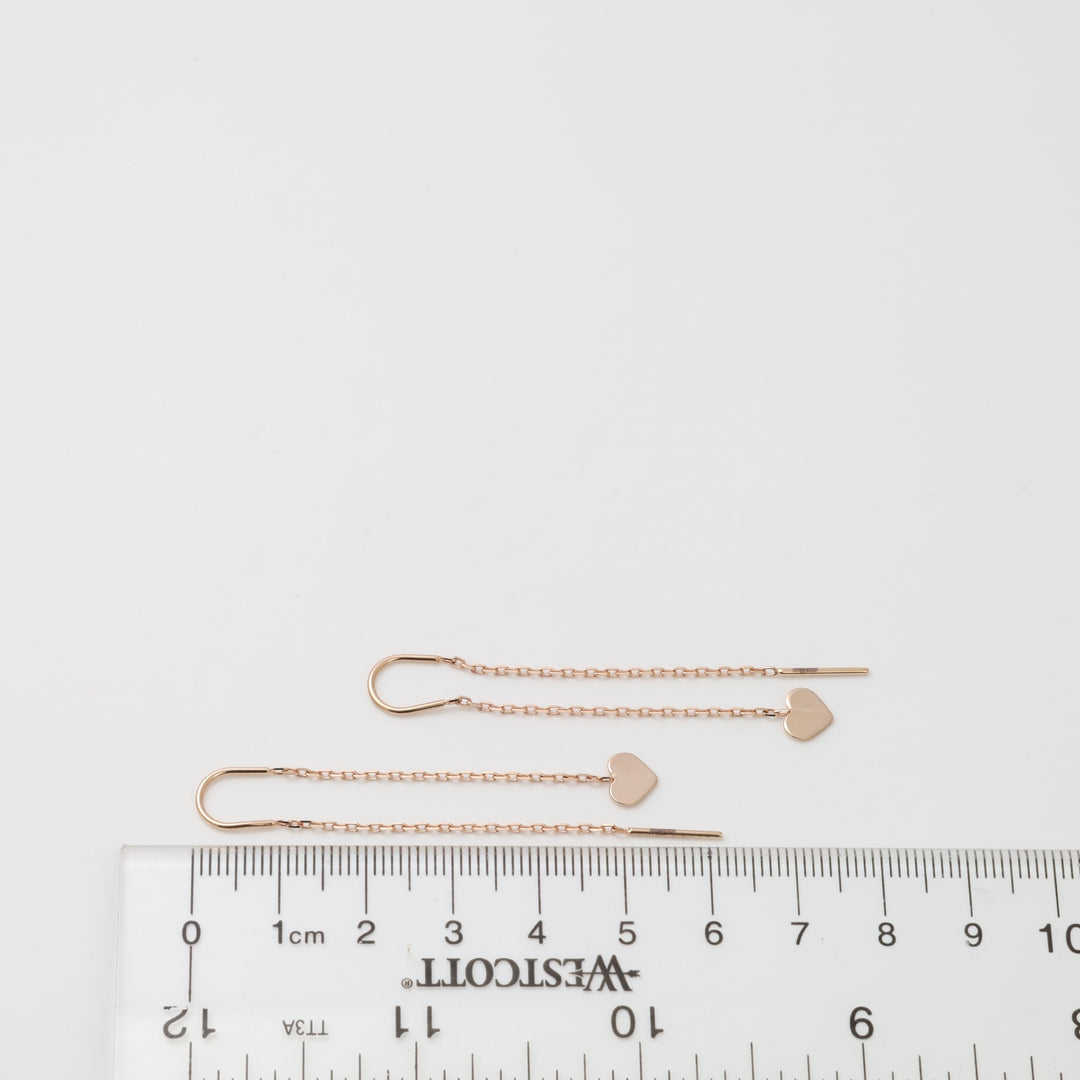 Pair of 14k gold threader earrings with small heart , minimalist Ukrainian Jewelry for women.