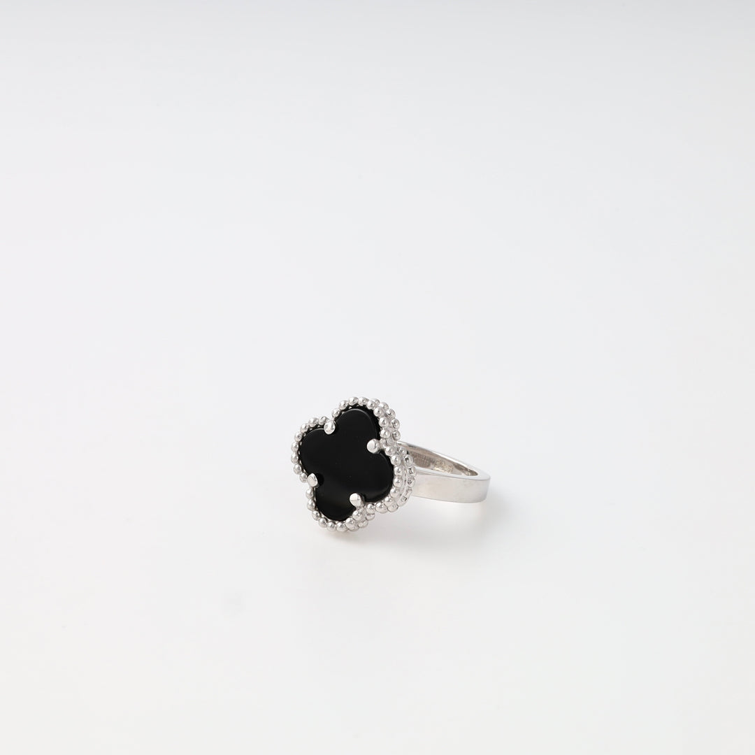 Sterling silver ring with black clover stone on white background, Ukrainian Jewelry, silver statement ring, black gemstone ring.