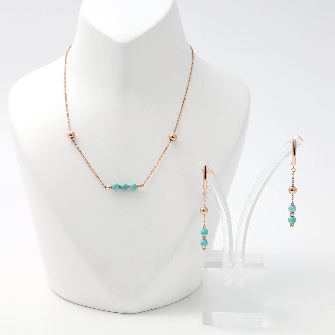 14k gold necklace and drop earring set with turquoise beads on display, delicate chain jewelry, Ukrainian Jewelry gift set.