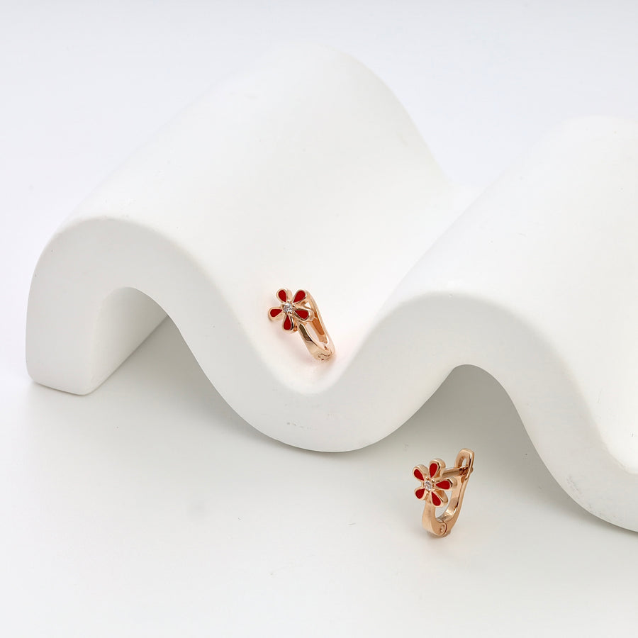 14k gold red enamel flower hoop earrings with small crystal detail, kids huggie earrings, Ukrainian Jewelry on white display.