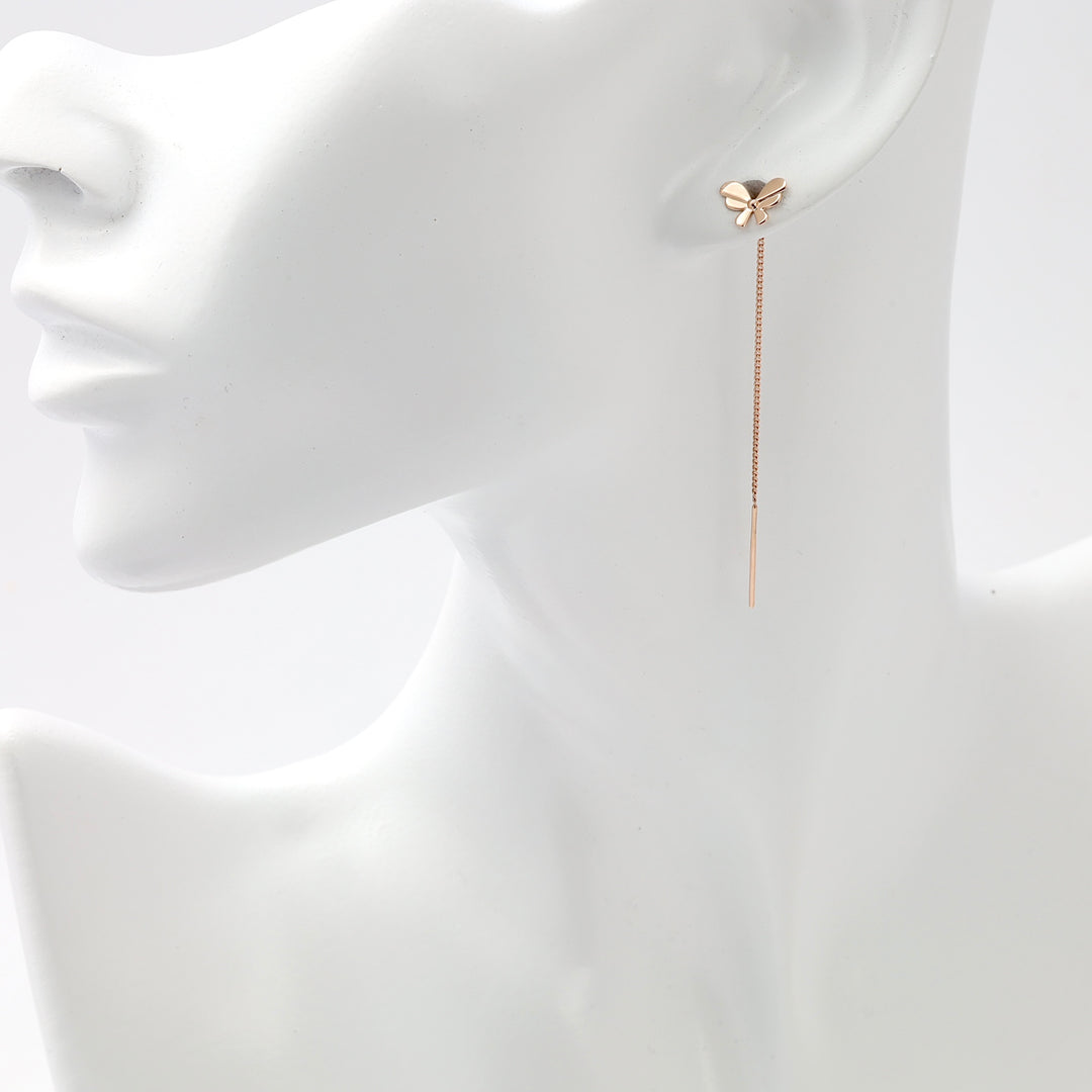 14k gold butterfly threader earring on mannequin, minimalist drop dangle Ukrainian Jewelry for women.