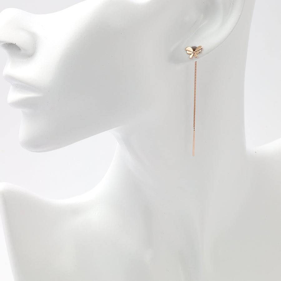 14k gold butterfly threader earring on mannequin, minimalist drop dangle Ukrainian Jewelry for women.