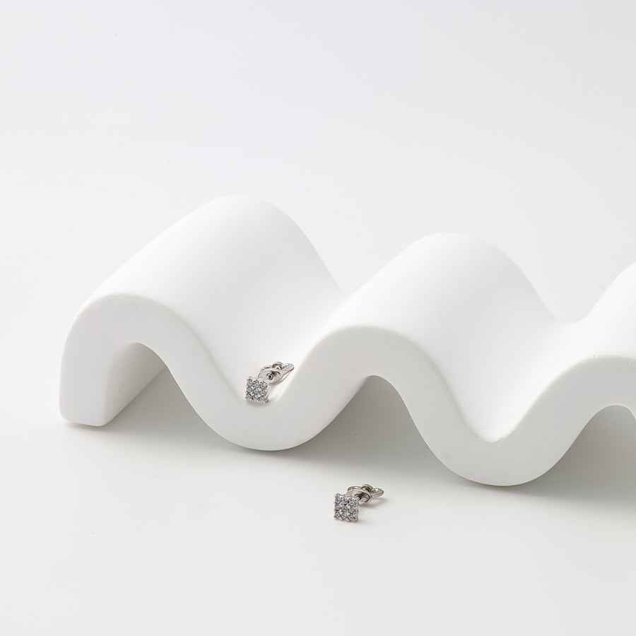 Sterling silver square stud earrings with small crystals on a white display, Ukrainian Jewelry, minimalist silver earrings gift.