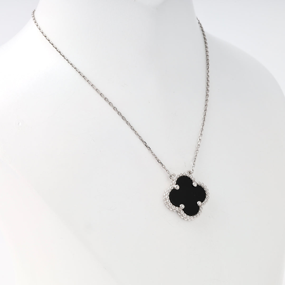 Sterling silver clover pendant necklace with black enamel charm, elegant chain, Ukrainian Jewelry, silver pendant necklace gift.