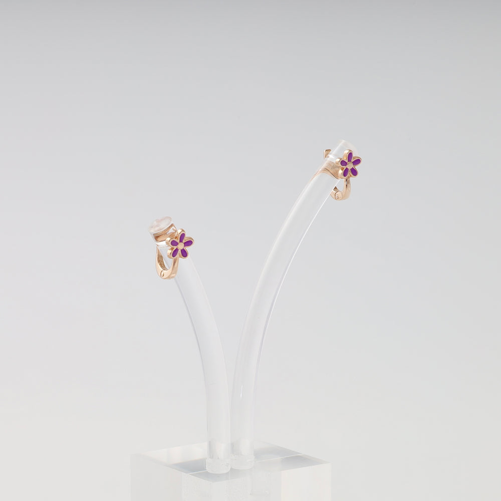 Gold flower hoop earrings with purple enamel petals on display, delicate kids jewelry, Ukrainian Jewelry, gold kids earrings.