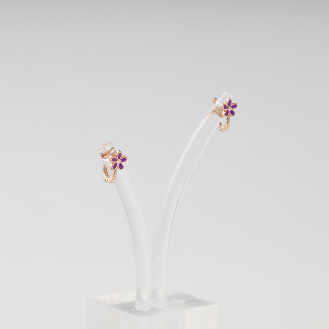 Gold flower hoop earrings with purple enamel petals on display, delicate kids jewelry, Ukrainian Jewelry, gold kids earrings.