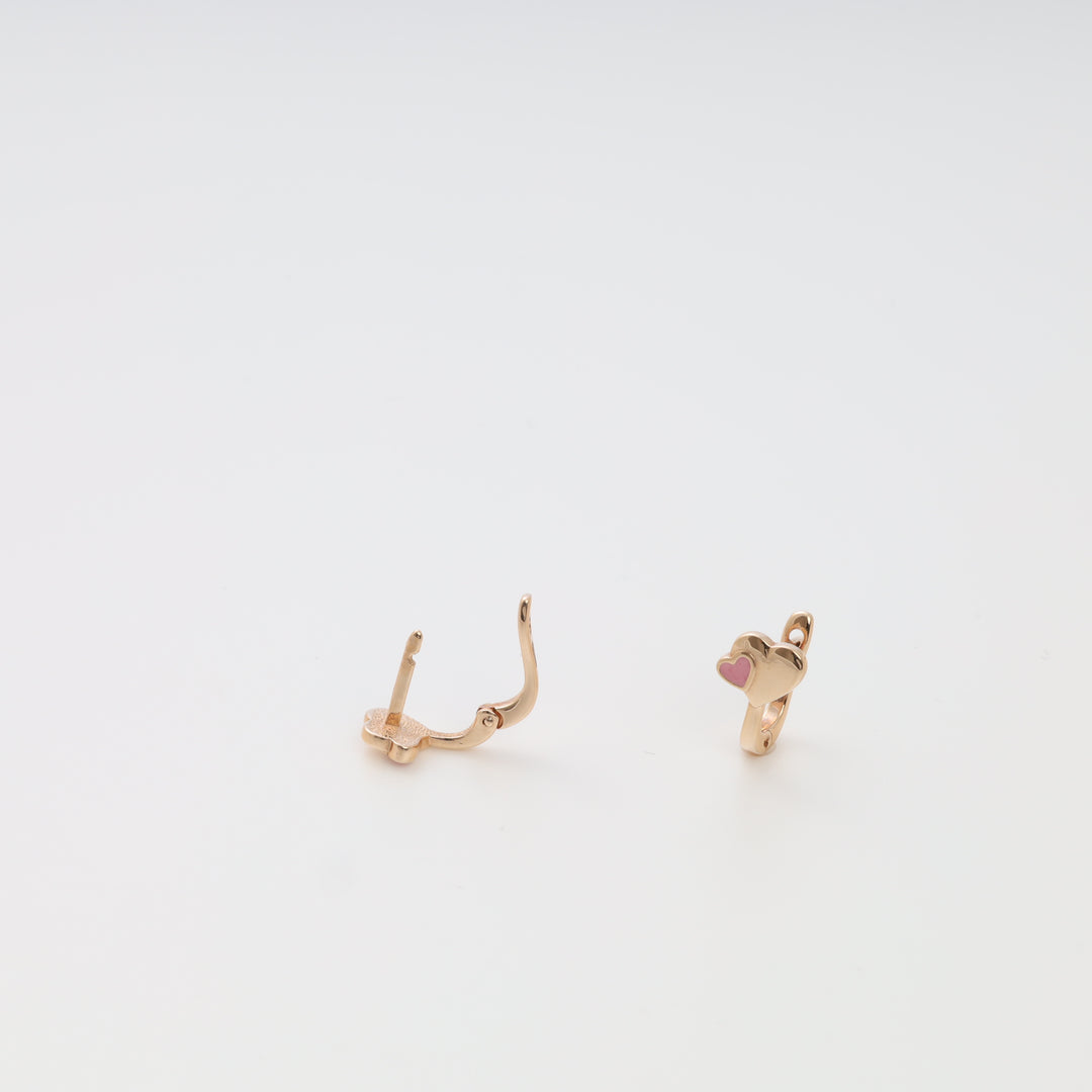 Gold heart kids hoop earrings with pink enamel heart charm, Ukrainian Jewelry, cute gold hoop earrings for girls.