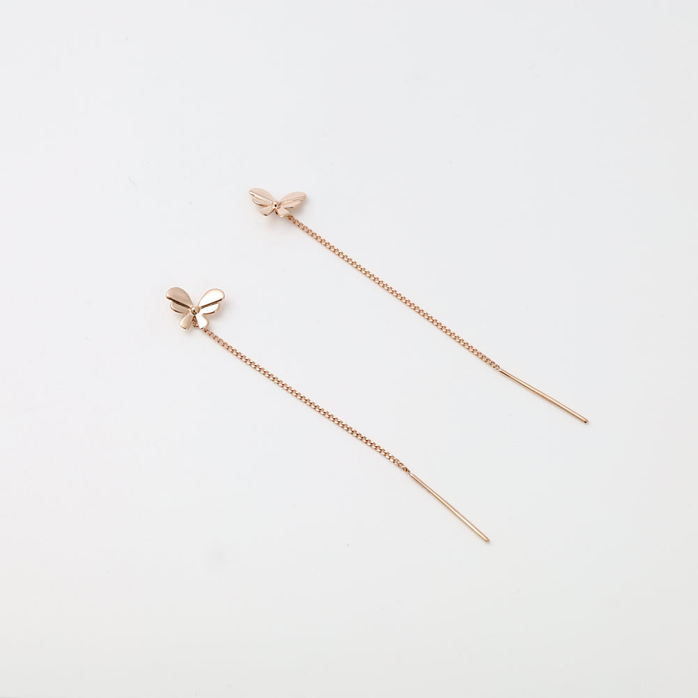 14k gold threader earrings with small butterfly charms displayed on white background, Ukrainian Jewelry, dainty gold drop earrings.