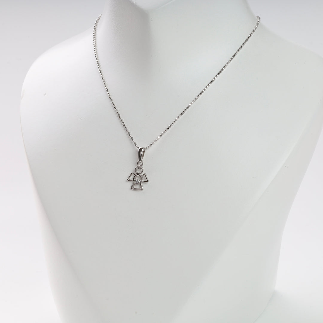 Silver angel outline pendant necklace with fine chain displayed on a white mannequin bust.