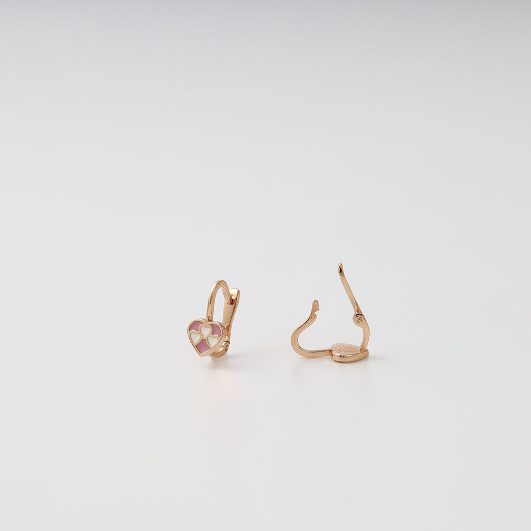 14k gold kids heart hoop earrings with pink enamel hearts on white background, Ukrainian Jewelry, cute gold heart earrings gift.
