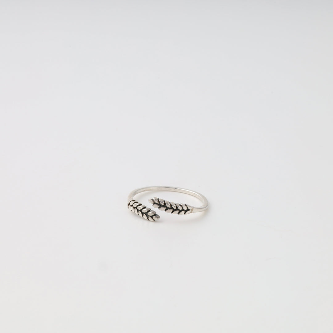 Sterling silver open wheat ring on white background, minimalist adjustable band, Ukrainian Jewelry, silver ring gift for women.