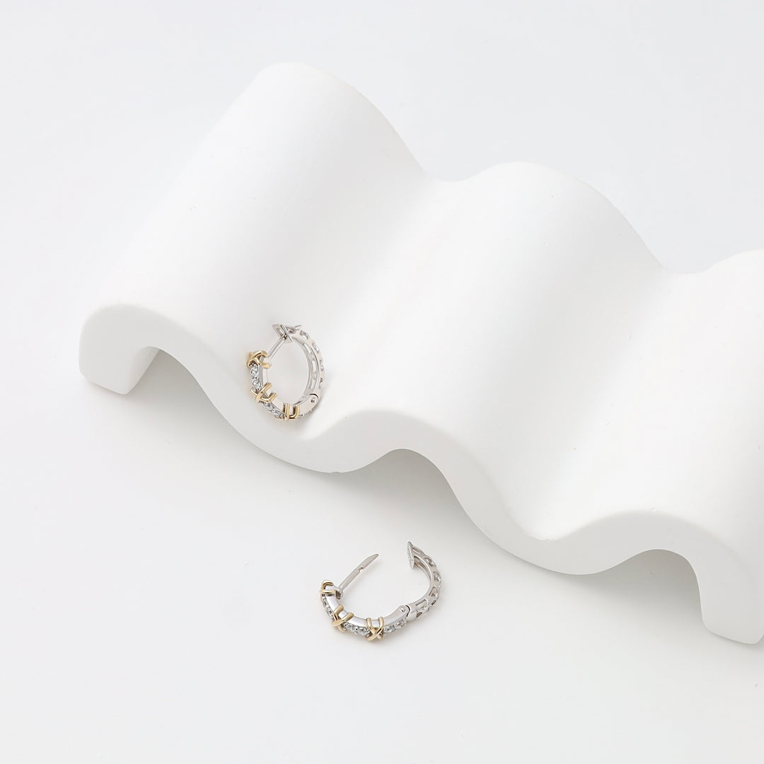 Sterling silver and gold hoop earrings with small clear stones on white display, Ukrainian Jewelry, dainty mixed metal hoop earrings.