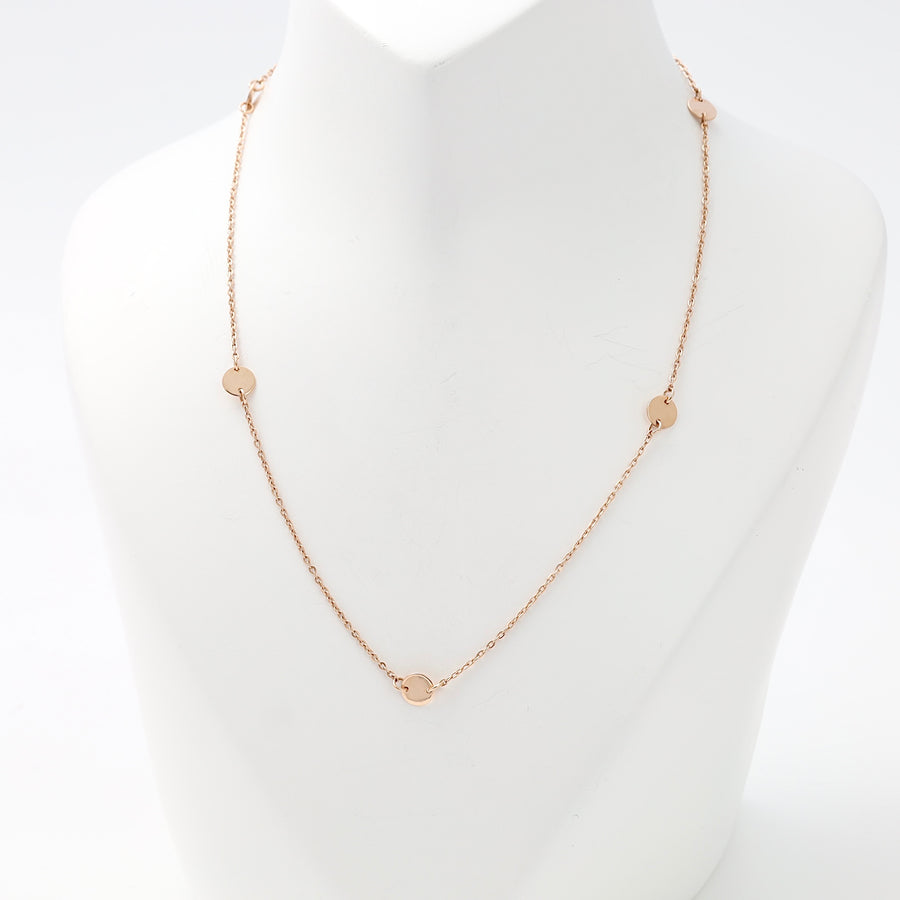 Delicate 14k gold chain necklace with small disc stations on bust display, minimalist Ukrainian Jewelry, dainty gold necklace gift.