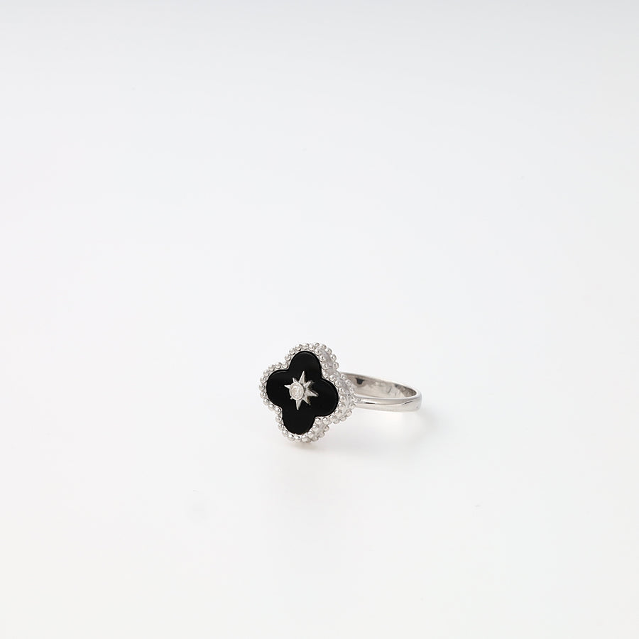 Sterling silver ring with black clover enamel and center stone on white background, Ukrainian Jewelry, silver statement ring.