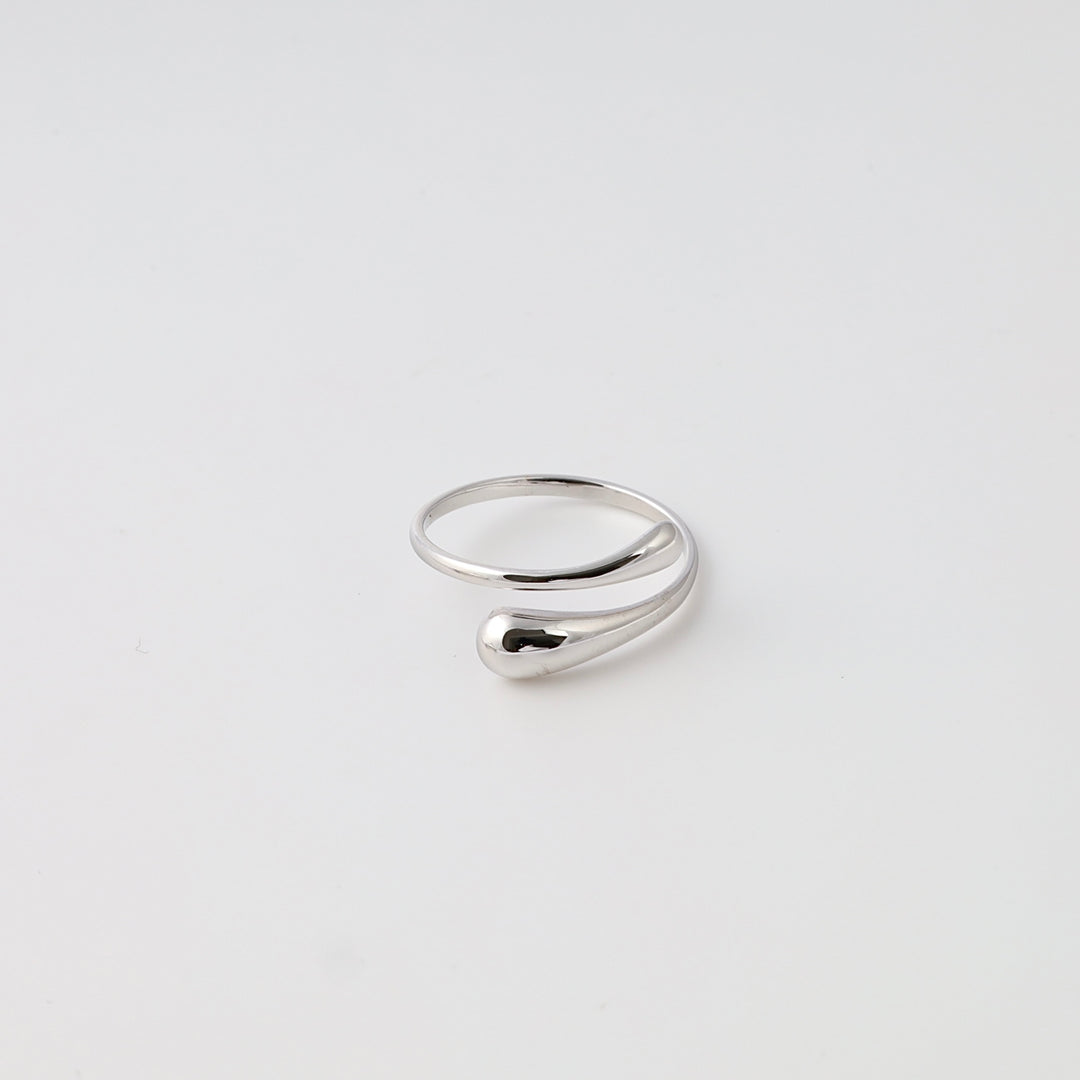 Sterling silver open wrap ring with teardrop motif on white background, minimalist Ukrainian Jewelry, silver ring gift.