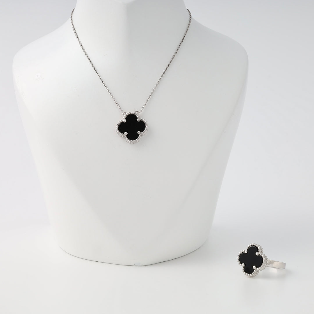 Sterling silver clover necklace and matching black onyx ring set, Ukrainian Jewelry, elegant silver pendant and gemstone ring.