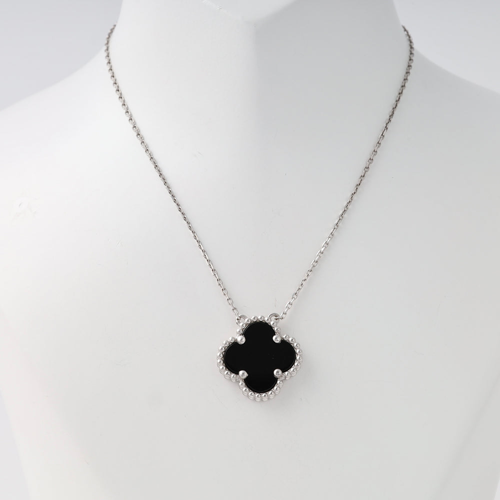 Sterling silver necklace with black clover pendant, minimalist Ukrainian Jewelry, ideal everyday silver pendant necklace.