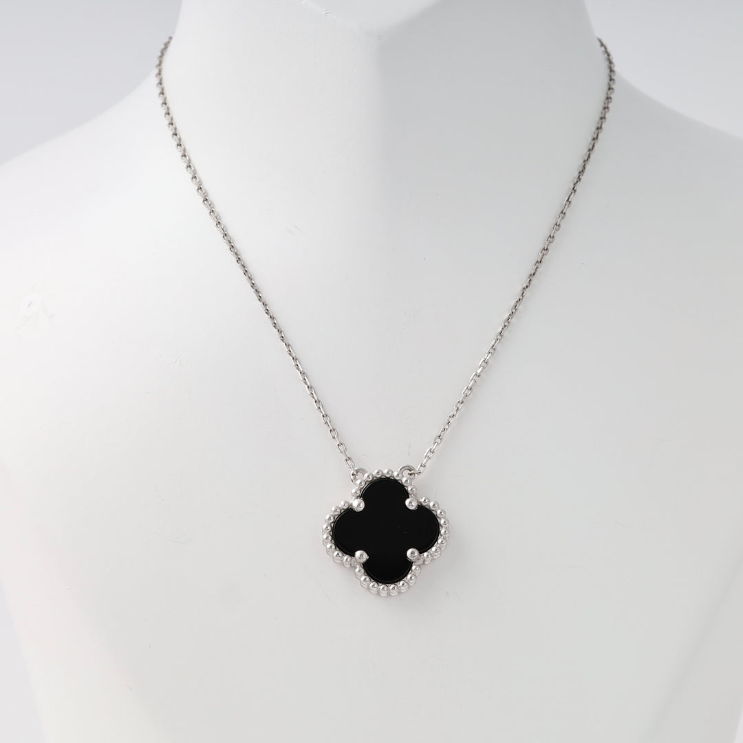 Sterling silver necklace with black clover pendant, minimalist Ukrainian Jewelry, ideal everyday silver pendant necklace.