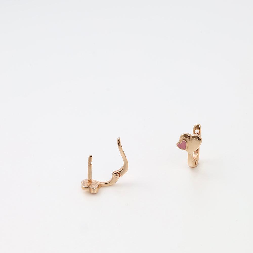 14k gold kids hoop earrings with pink heart charm, displayed open and closed, Ukrainian Jewelry, gold heart earrings gift.