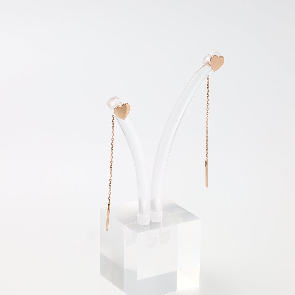 14k gold heart threader earrings on display, delicate chain drop studs, minimalist Ukrainian Jewelry for women.