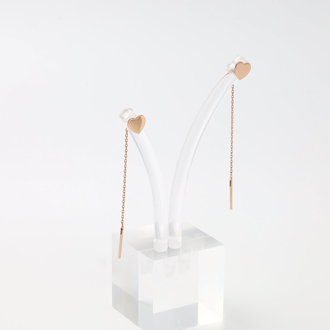 14k gold heart threader earrings on display, delicate chain drop studs, minimalist Ukrainian Jewelry for women.