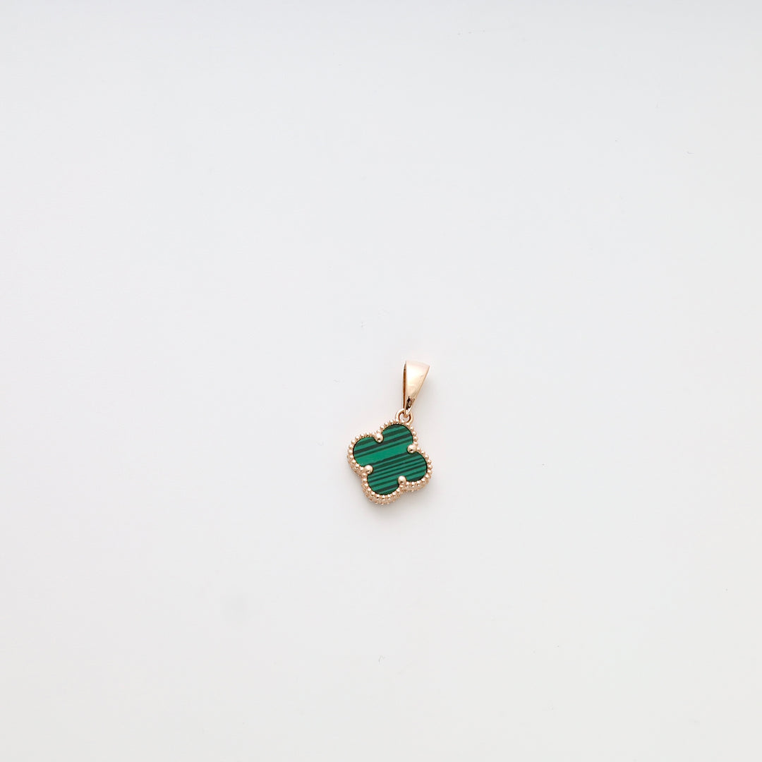 14k gold clover pendant with green malachite stone on white background, Ukrainian Jewelry, gold charm necklace gift.
