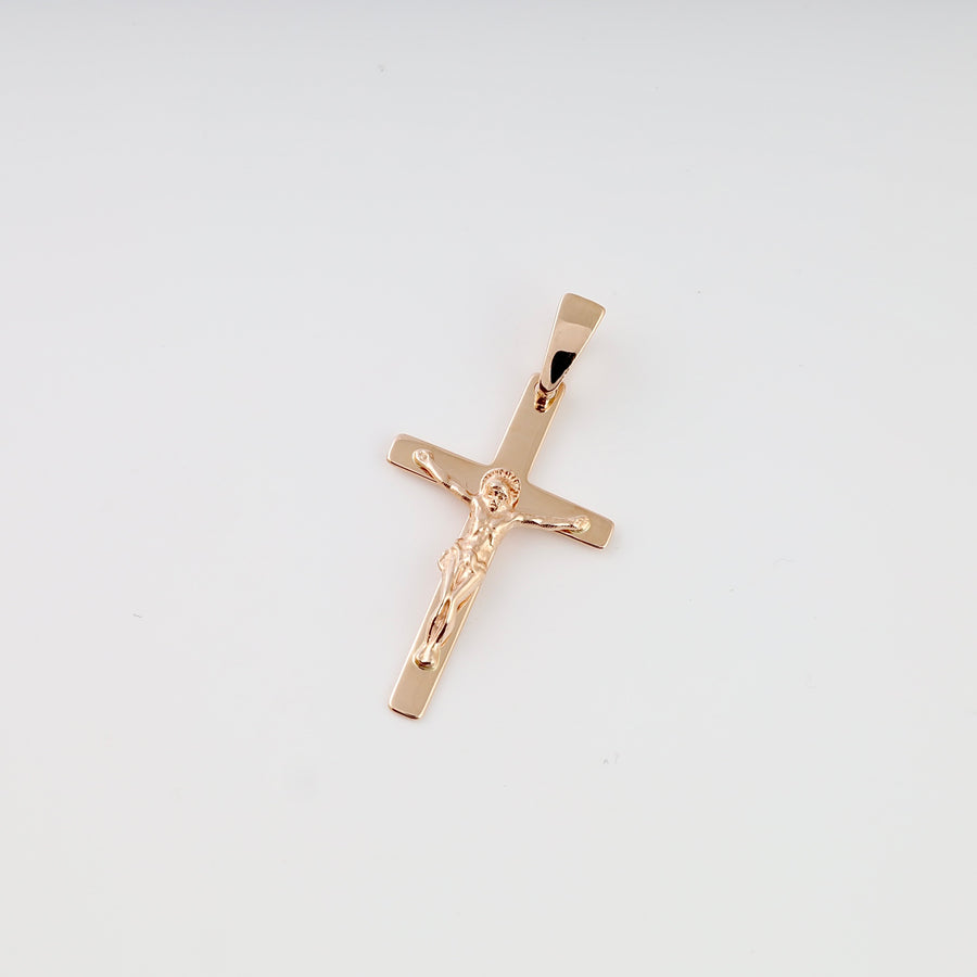 14k gold crucifix pendant with Jesus figure on plain white background, classic cross necklace Ukrainian Jewelry for religious gift.