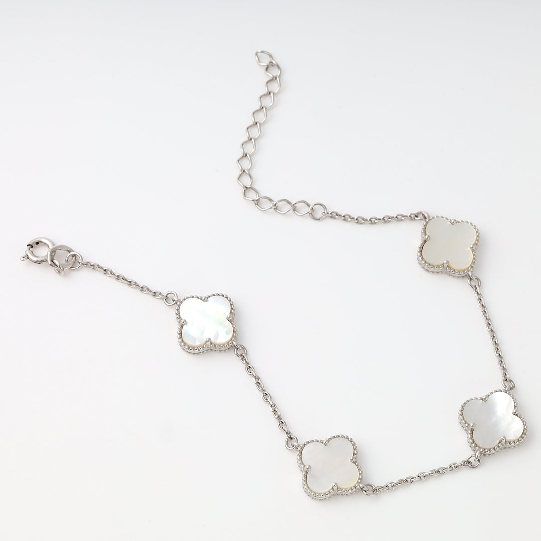 Sterling silver bracelet with four mother of pearl clover charms, adjustable chain, Ukrainian Jewelry, silver charm bracelet gift.