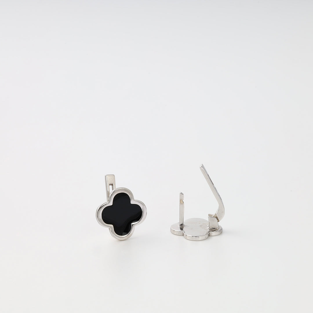 Sterling silver clover leverback earrings with black enamel inlay, minimalist Ukrainian Jewelry gift, silver dangle earrings.