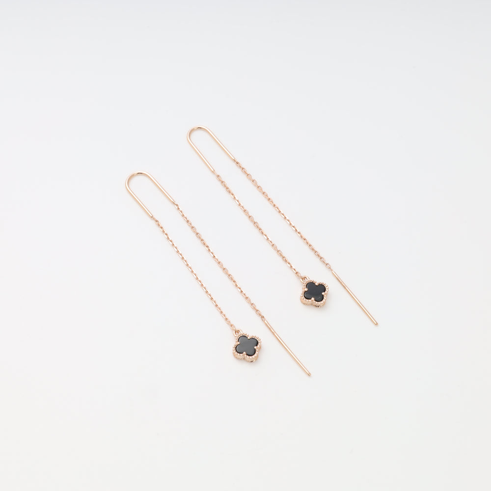 14k gold threader earrings with black clover charms on fine chains, minimalist dangle Ukrainian Jewelry for women.