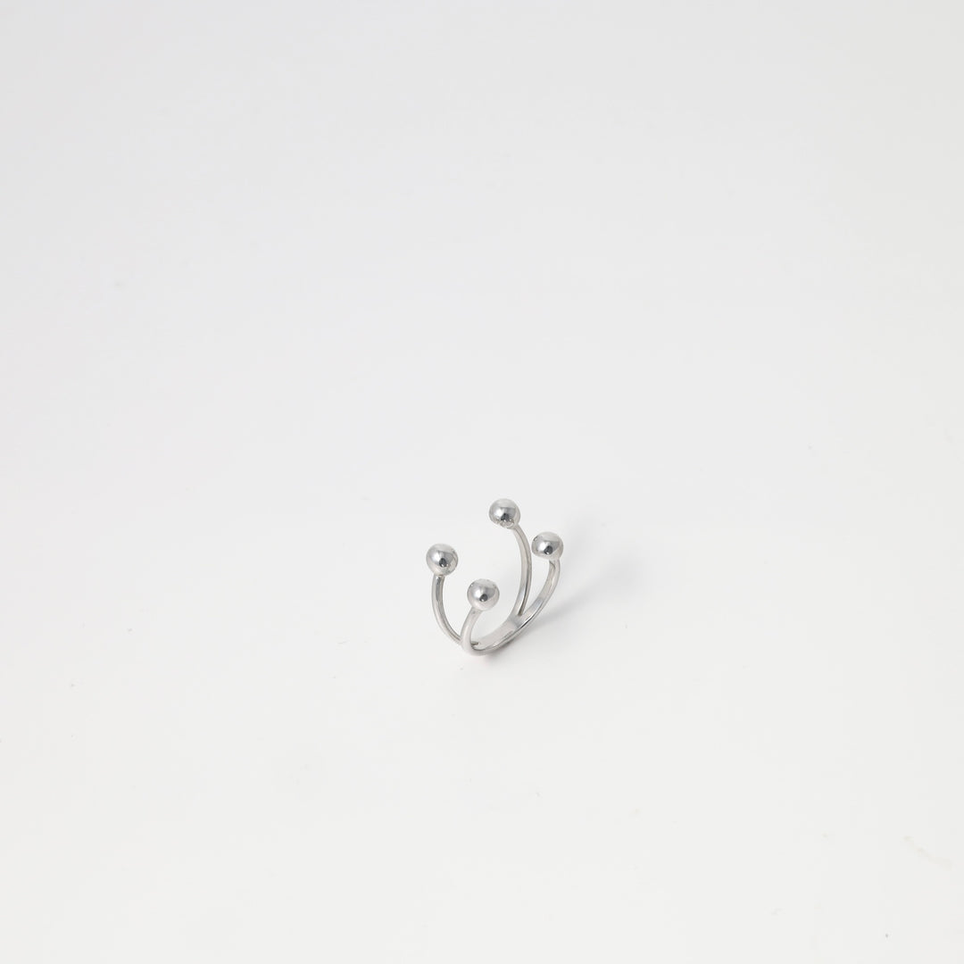 Sterling silver open ring with three ball ends on white background, minimalist Ukrainian Jewelry, modern silver ring gift.