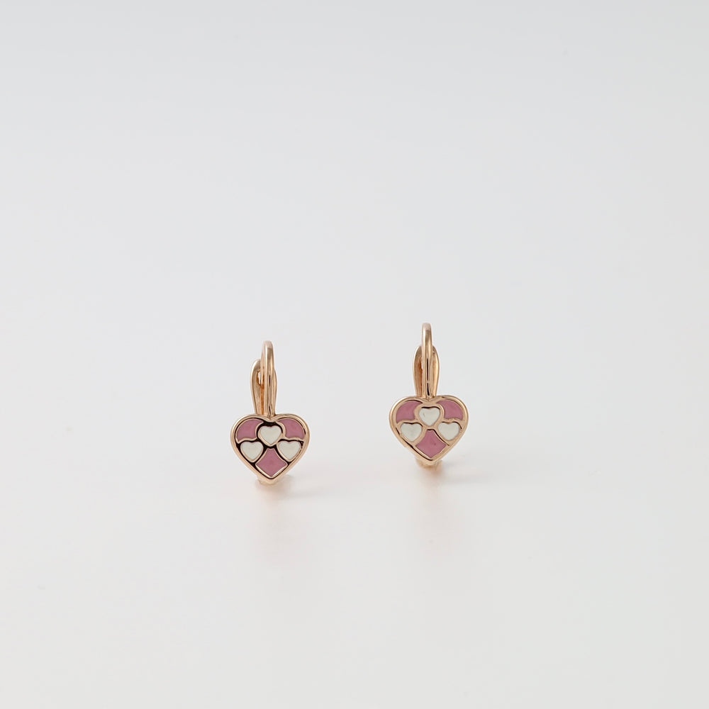 Gold heart dangle earrings with pink and white enamel hearts, Ukrainian Jewelry kids gold heart earrings for girls.