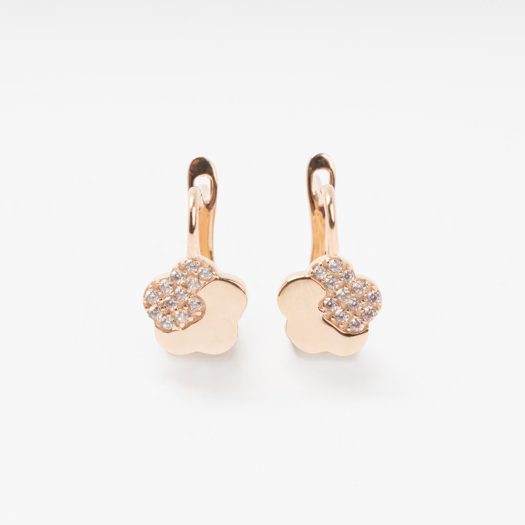 14k gold flower leverback earrings with cubic zirconia, Ukrainian Jewelry, delicate kids earrings, gold dangle earrings.