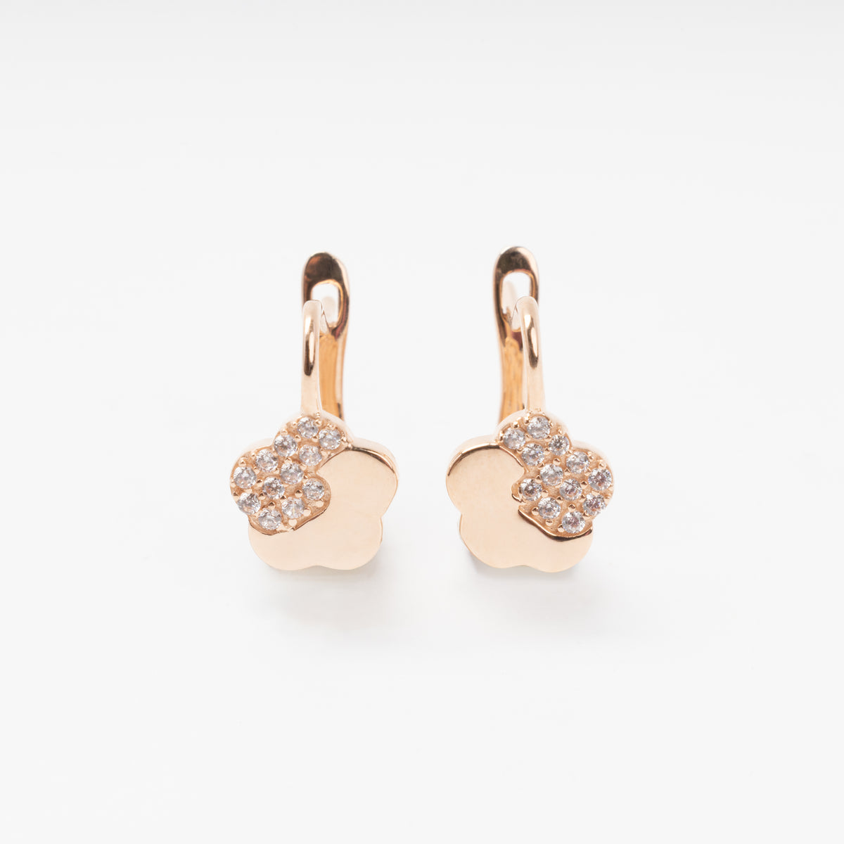 14k gold flower leverback earrings with cubic zirconia, Ukrainian Jewelry, delicate kids earrings, gold dangle earrings.