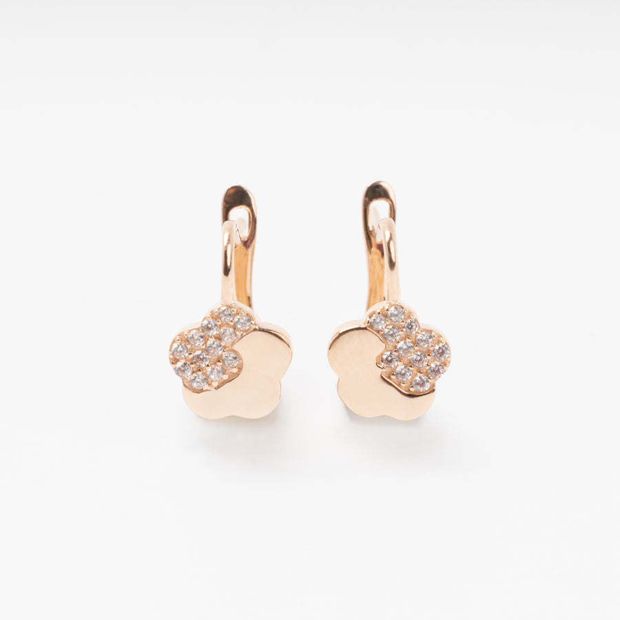 14k gold flower leverback earrings with cubic zirconia, Ukrainian Jewelry, delicate kids earrings, gold dangle earrings.