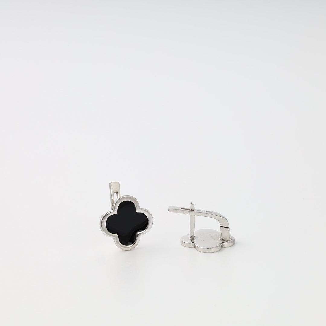 Sterling silver black clover cufflinks on white background, classic men’s Ukrainian Jewelry gift, silver cufflinks.