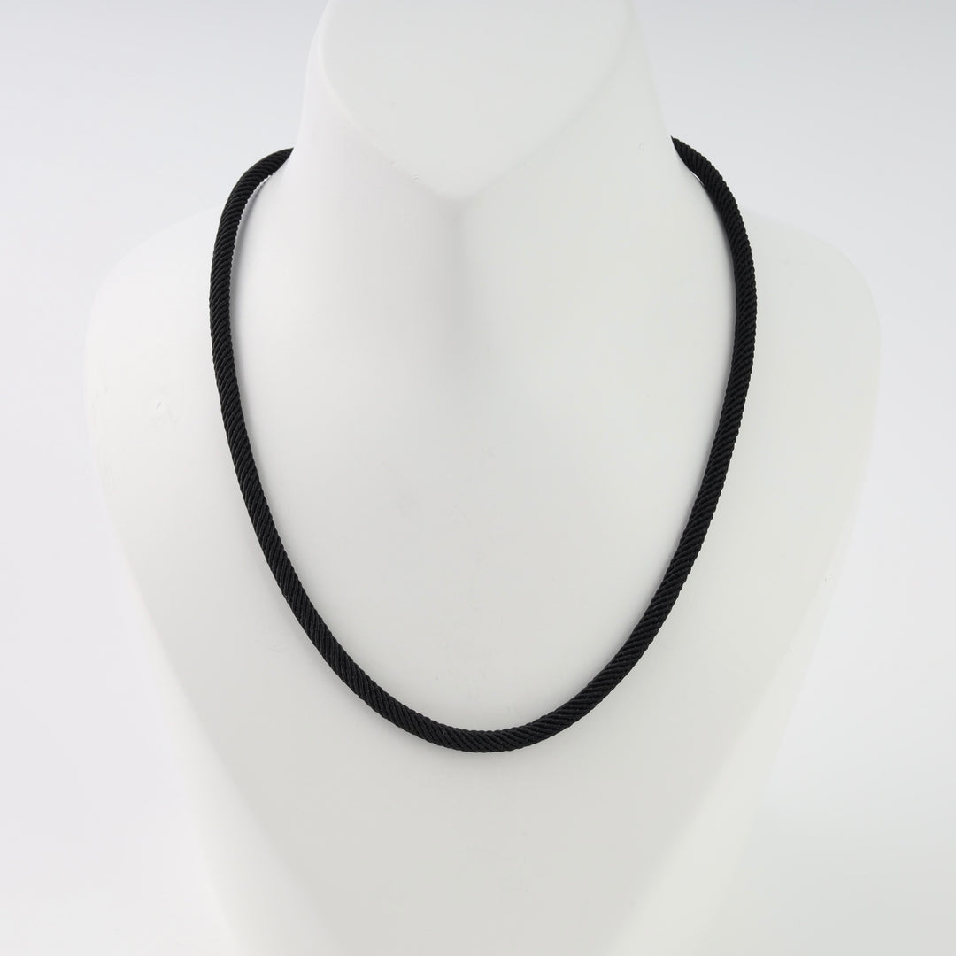 Black rope chain necklace on bust display with sterling silver clasp, minimalist Ukrainian Jewelry, black cord necklace for men.