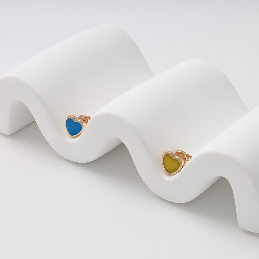 14k gold heart stud earrings with blue and yellow enamel, Ukrainian Jewelry, patriotic gold earrings, heart studs for women.