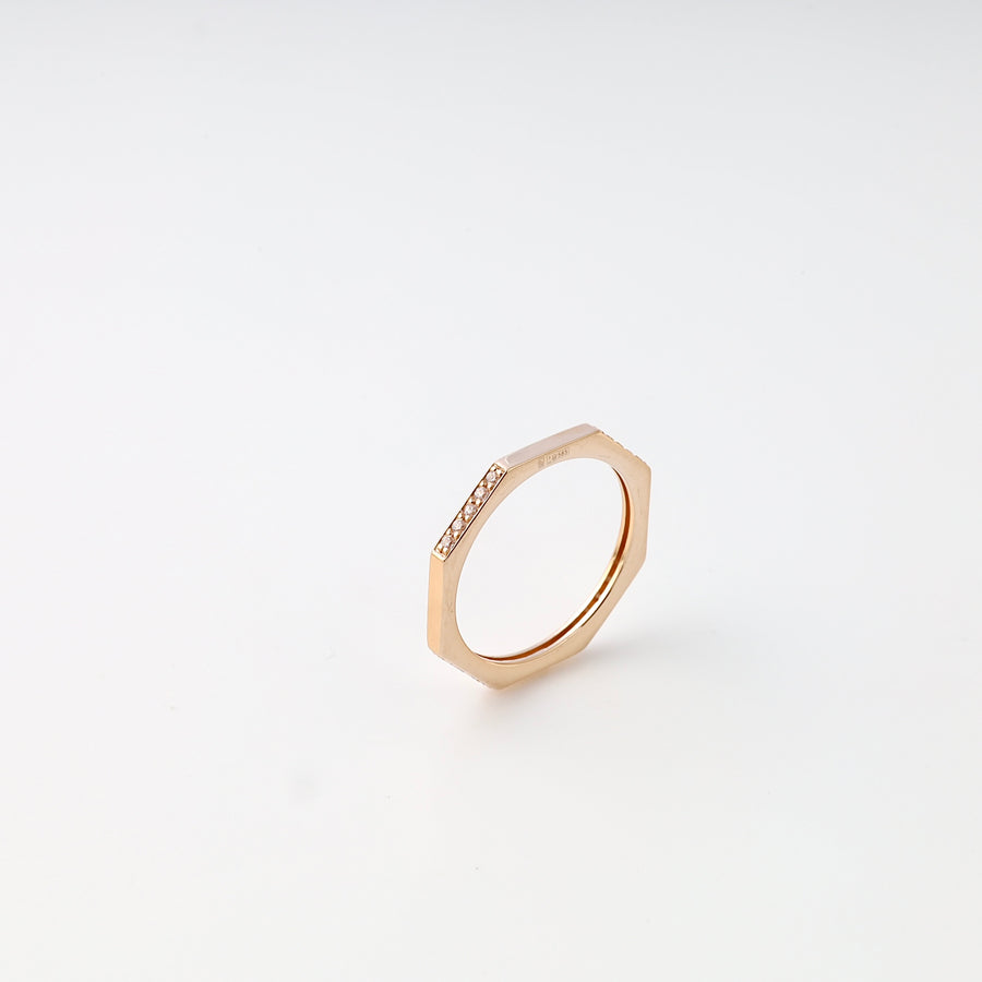 Hexagon 14k gold ring with side diamonds on white background, minimalist stackable band, Ukrainian Jewelry for women.