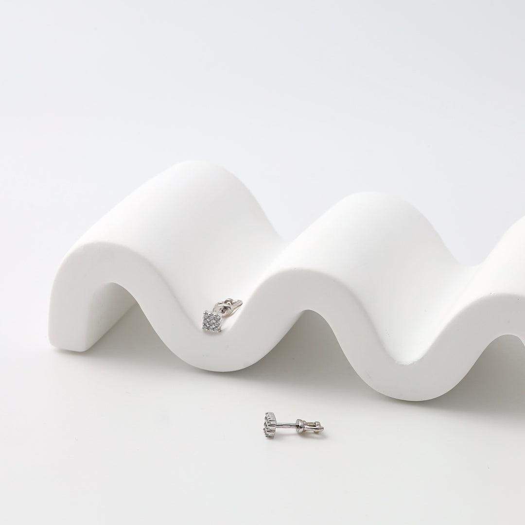 Sterling silver square stud earrings with small clear stones on white display, Ukrainian Jewelry, minimalist silver stud earrings.