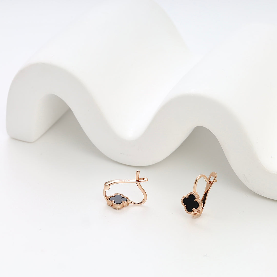 14k gold clover earrings with black enamel, leverback hoop Ukrainian Jewelry, minimalist gold earrings gift for women.