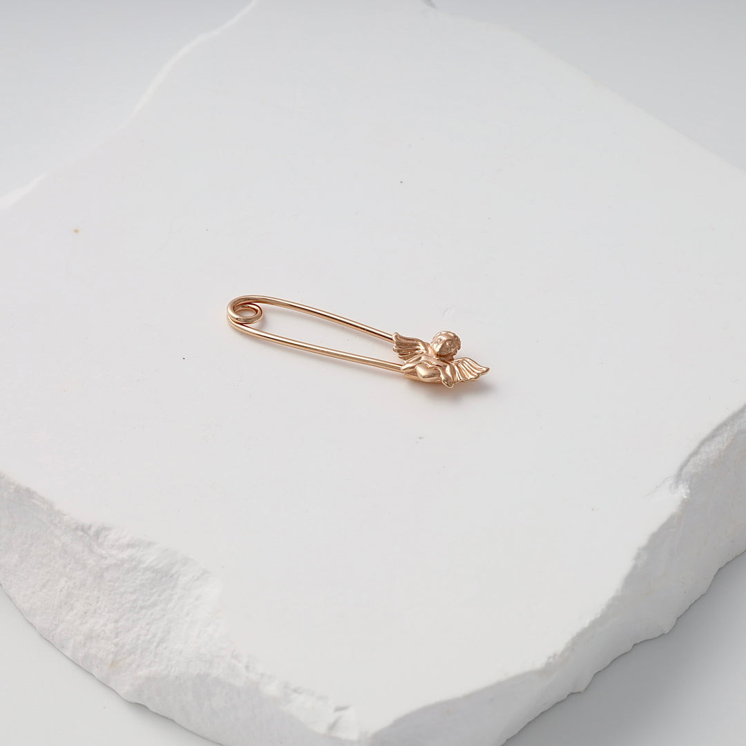 Rose gold safety pin brooch with small angel charm, 14k gold Ukrainian Jewelry, delicate gold angel pin for baby gift.