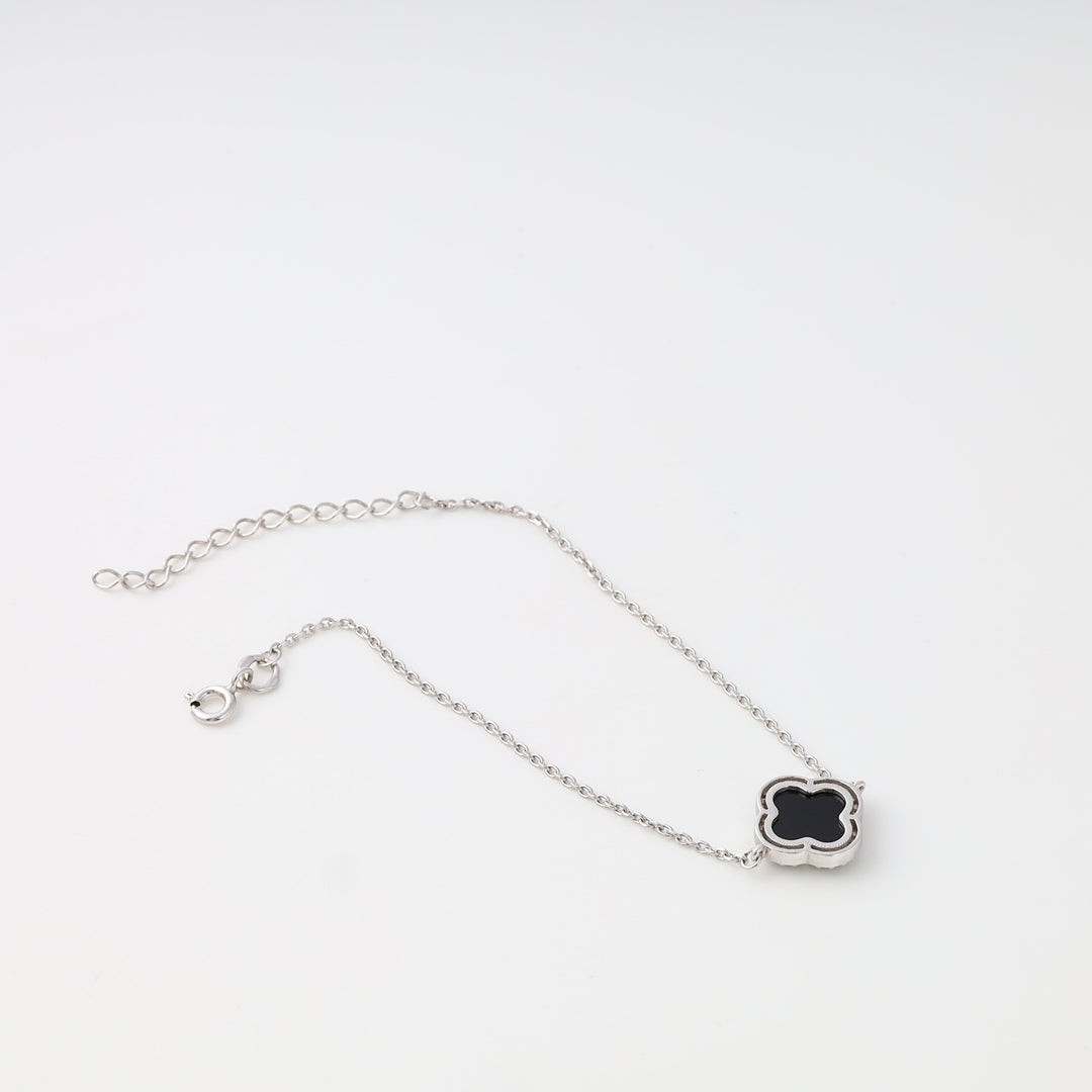 Sterling silver bracelet with black clover charm on chain, minimalist Ukrainian Jewelry, silver clover bracelet gift for women.