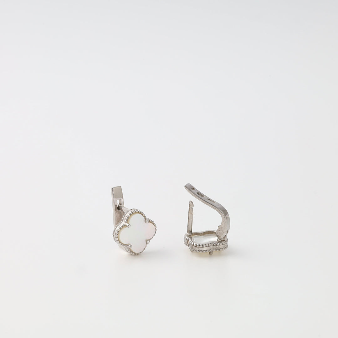 Sterling silver clover stud earrings with white mother of pearl, classic clip back Ukrainian Jewelry, silver earrings for women.