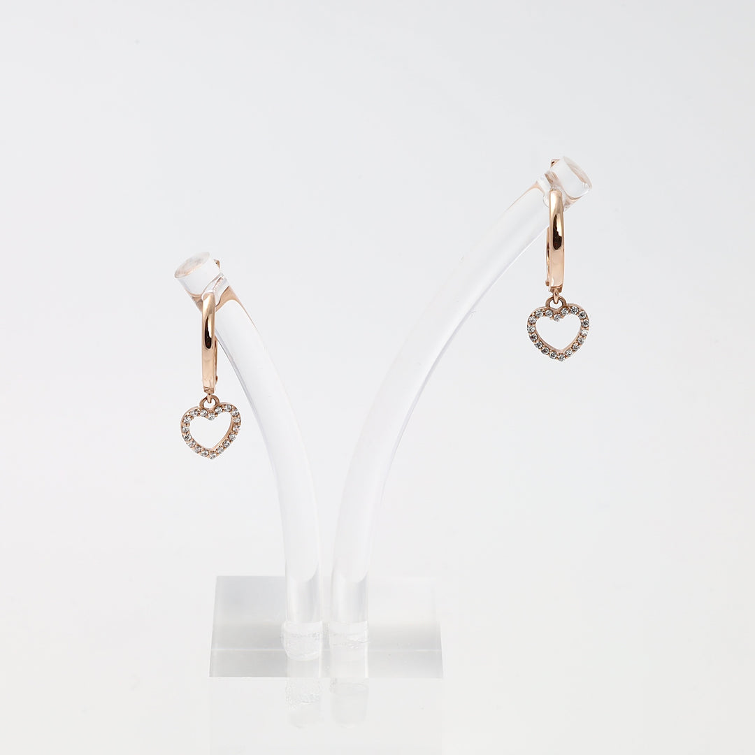 14k gold hoop earrings with crystal heart charms on a display stand, romantic dangle earrings, Ukrainian Jewelry for women.