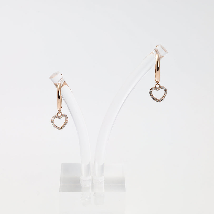 14k gold hoop earrings with crystal heart charms on a display stand, romantic dangle earrings, Ukrainian Jewelry for women.